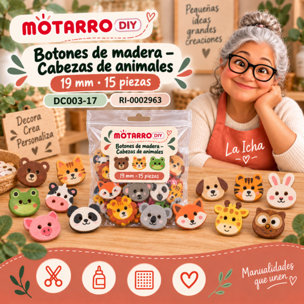 ri-0002963-dc003-17 Botones de madera para manualidades – Cabezas de animales – 19 mm – 15 piezas