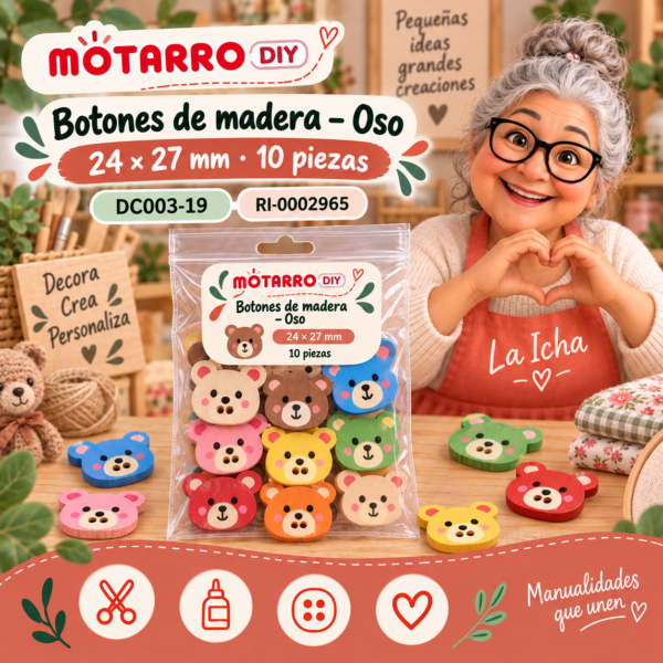 Botones de madera para manualidades – Oso – 24 × 27 mm – 10 piezas