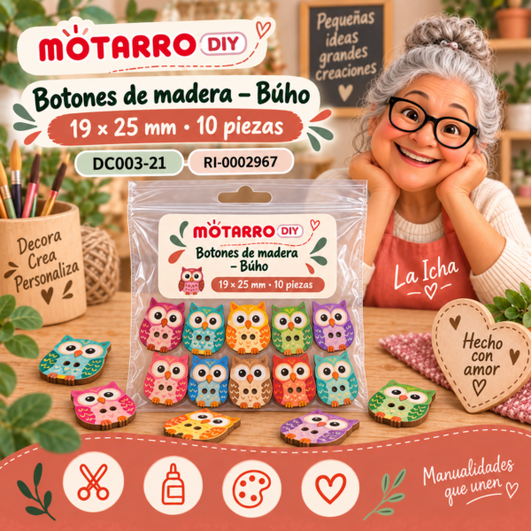 Botones de madera para manualidades – Búho – 19 × 25 mm – 10 piezas
