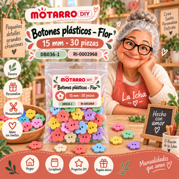 ri-0002968-db036-1 Botones plásticos para manualidades – Flor – 15 mm – 30 piezas