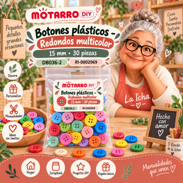 ri-0002969-db036-2 Botones plásticos para manualidades – Redondos multicolor – 15 mm – 30 piezas