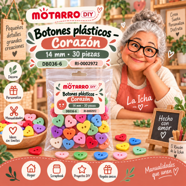 ri-0002972-db036-6 Botones plásticos para manualidades – Corazón – 14 mm – 30 piezas
