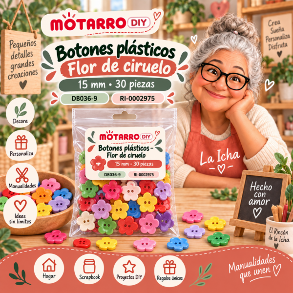 Botones plásticos para manualidades – Flor de ciruelo – 15 mm – 30 piezas