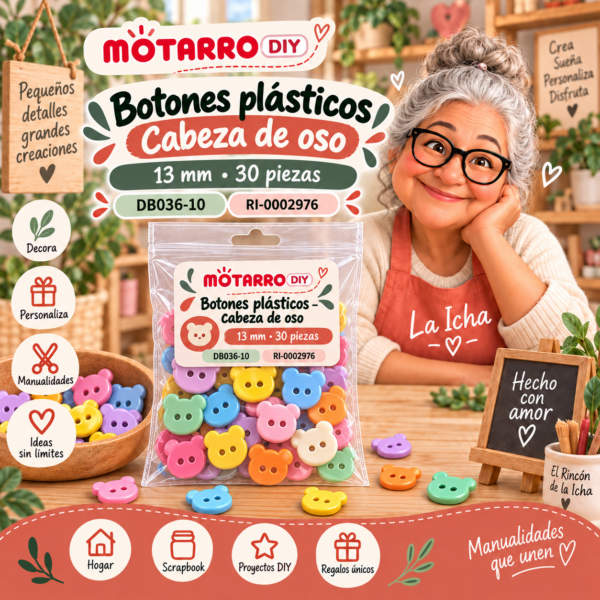 Botones plásticos para manualidades – Cabeza de oso – 13 mm – 30 piezas