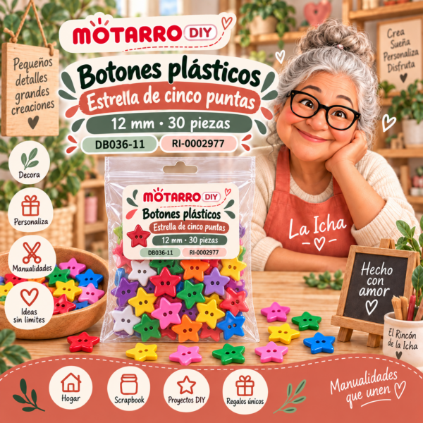 Botones plásticos para manualidades – Estrella de cinco puntas – 12 mm – 30 piezas