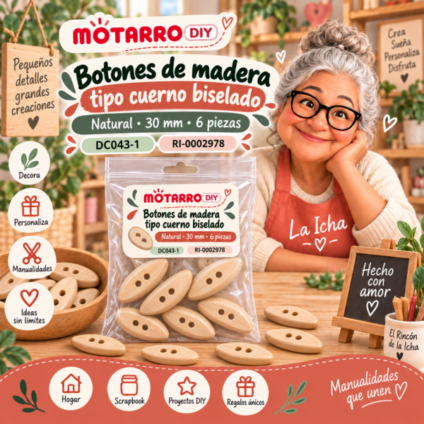 ri-0002978-dc043-1 Botones de madera tipo cuerno biselado – Natural – 30 mm – 6 piezas