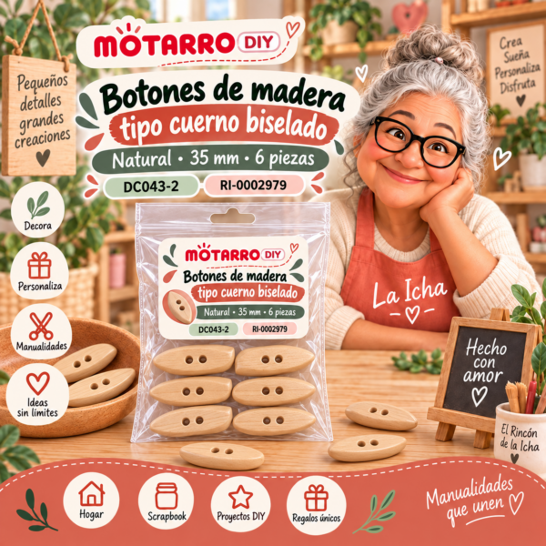 ri-0002979-dc043-2 Botones de madera tipo cuerno biselado – Natural – 35 mm – 6 piezas