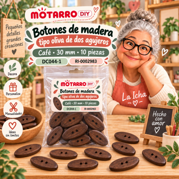 ri-0002983-dc044-1 Botones de madera tipo oliva de dos agujeros – Café – 30 mm – 10 piezas