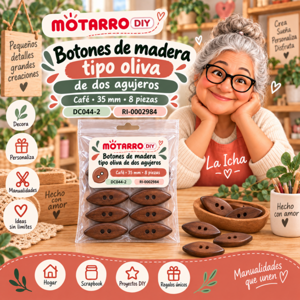 ri-0002984-dc044-2 Botones de madera tipo oliva de dos agujeros – Café – 35 mm – 8 piezas