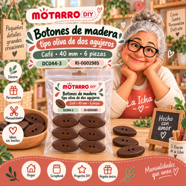 ri-0002985-dc044-3 Botones de madera tipo oliva de dos agujeros – Café – 40 mm – 6 piezas