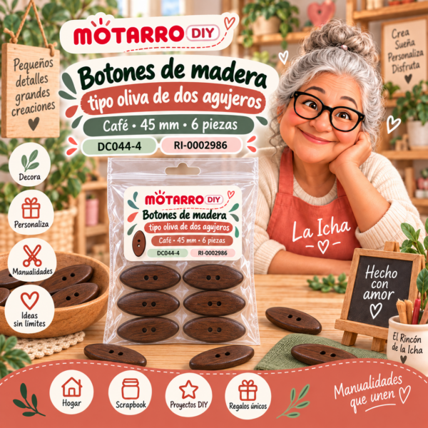 ri-0002986-dc044-4 Botones de madera tipo oliva de dos agujeros – Café – 45 mm – 6 piezas