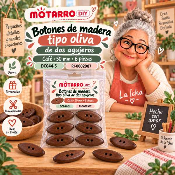 ri-0002987-dc044-5 Botones de madera tipo oliva de dos agujeros – Café – 50 mm – 6 piezas