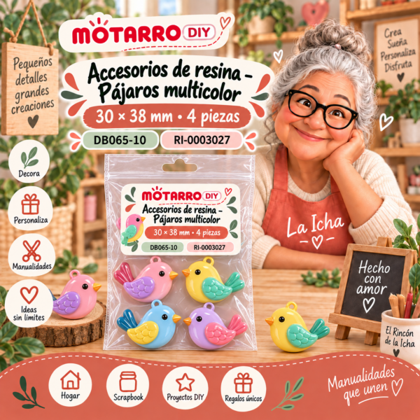 Accesorios de resina – Pájaros multicolor – 30 × 38 mm – 4 piezas