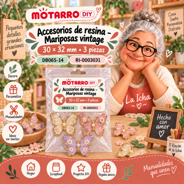 Accesorios de resina – Mariposas vintage – 30 × 32 mm – 3 piezas