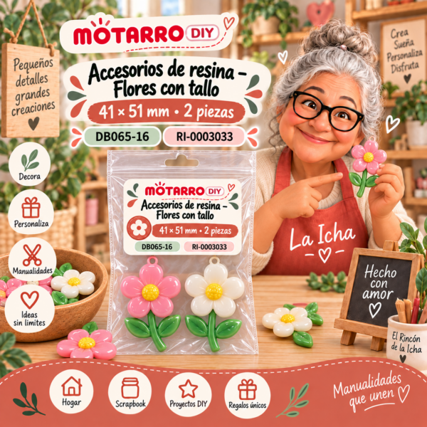 Accesorios de resina – Flores con tallo – 41 × 51 mm – 2 piezas