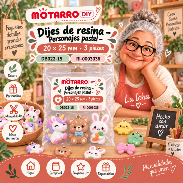 Dijes de resina – Personajes pastel – 20 × 25 mm – 3 piezas