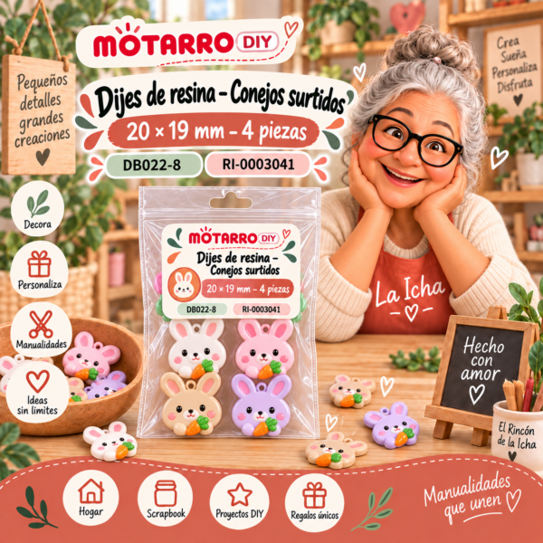 Dijes de resina – Conejos surtidos – 20 × 19 mm – 4 piezas