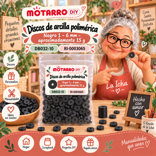 ri-0003065-db032-10 Discos de arcilla polimérica – Negro 1 – 6 mm – aproximadamente 15 g