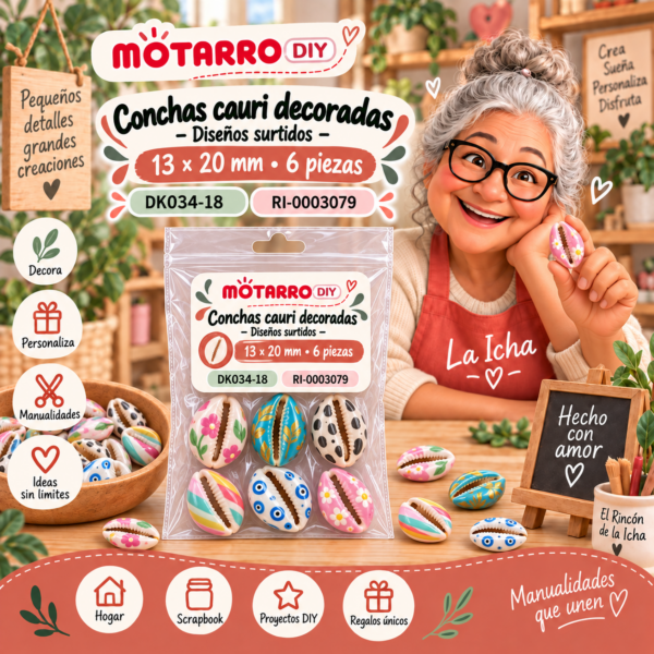 ri-0003079-dk034-18 Conchas cauri decoradas – Diseños surtidos – 13 × 20 mm – 6 piezas