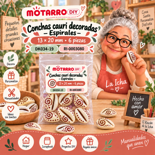 ri-0003080-dk034-19 Conchas cauri decoradas – Espirales – 13 × 20 mm – 6 piezas