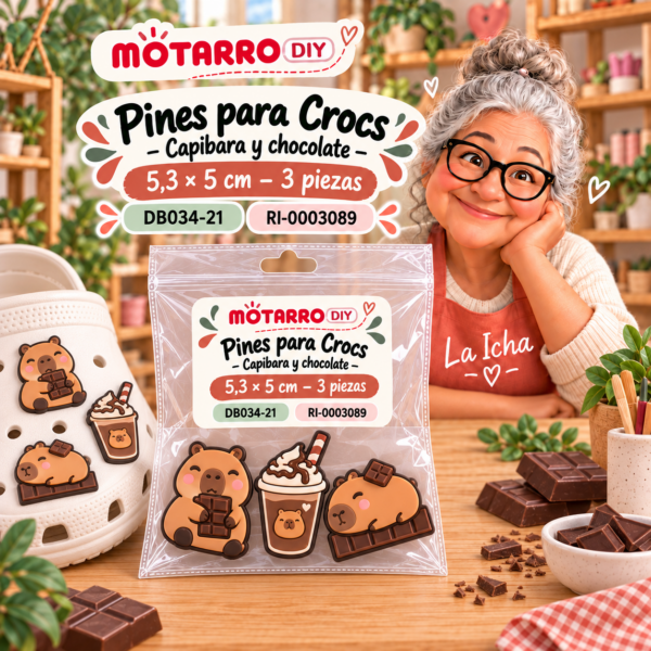 ri-0003089-db034-21 Pines para Crocs – Capibara y chocolate – 5,3 × 5 cm – 3 piezas
