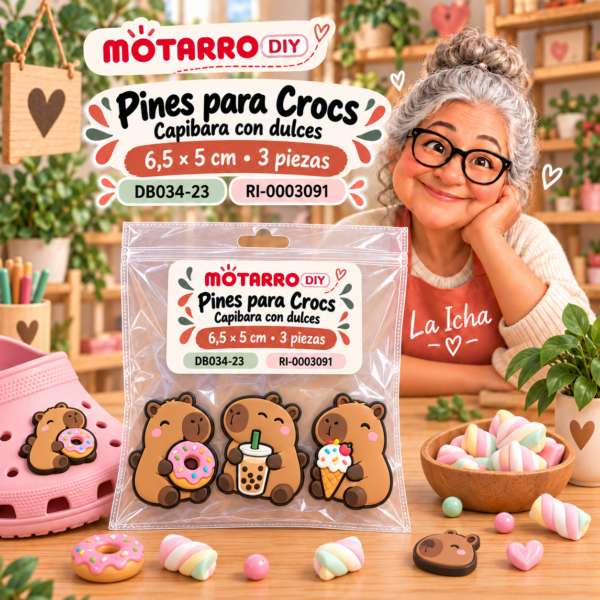 ri-0003091-db034-23 Pines para Crocs – Capibara con dulces – 6,5 × 5 cm – 3 piezas