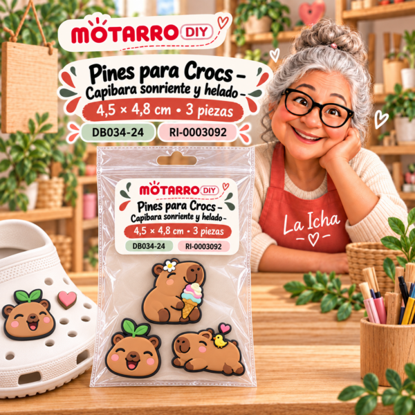 ri-0003092-db034-24 Pines para Crocs – Capibara sonriente y helado – 4,5 × 4,8 cm – 3 piezas