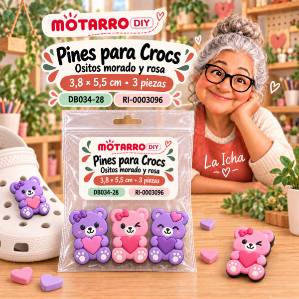 ri-0003096-db034-28 Pines para Crocs – Ositos morado y rosa – 3,8 × 5,5 cm – 3 piezas