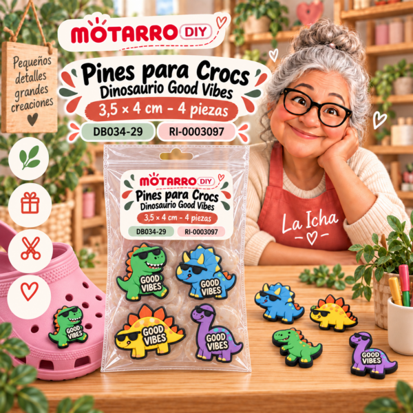 ri-0003097-db034-29 Pines para Crocs – Dinosaurio Good Vibes – 3,5 × 4 cm – 4 piezas