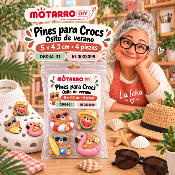 ri-0003099-db034-31 Pines para Crocs – Osito de verano – 5 × 4,3 cm – 4 piezas