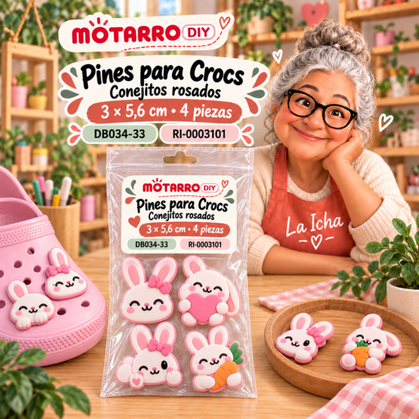 ri-0003101-db034-33 Pines para Crocs – Conejitos rosados – 3 × 5,6 cm – 4 piezas