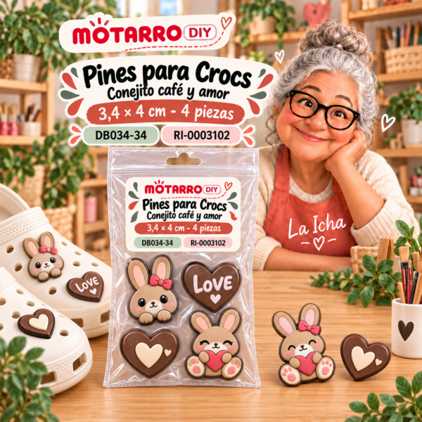 ri-0003102-db034-34 Pines para Crocs – Conejito café y amor – 3,4 × 4 cm – 4 piezas