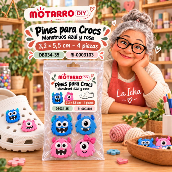 ri-0003103-db034-35 Pines para Crocs – Monstruos azul y rosa – 3,2 × 5,5 cm – 4 piezas