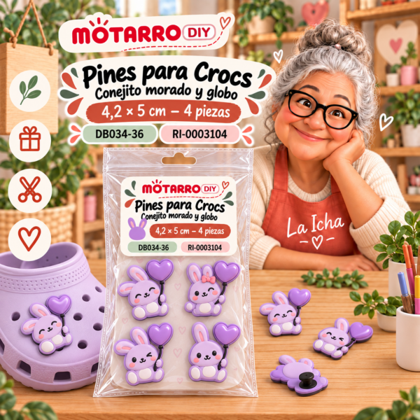 ri-0003104-db034-36 Pines para Crocs – Conejito morado y globo – 4,2 × 5 cm – 4 piezas