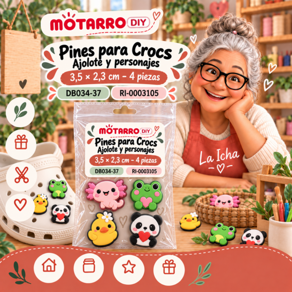 Pines para Crocs – Ajolote y personajes – 3,5 × 2,3 cm – 4 piezas