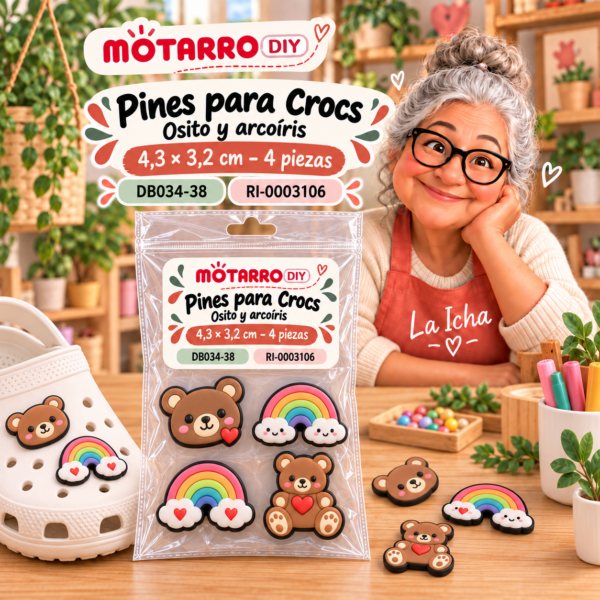 ri-0003106-db034-38 Pines para Crocs – Osito y arcoíris – 4,3 × 3,2 cm – 4 piezas