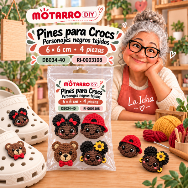 Pines para Crocs – Personajes negros tejidos – 6 × 6 cm – 4 piezas