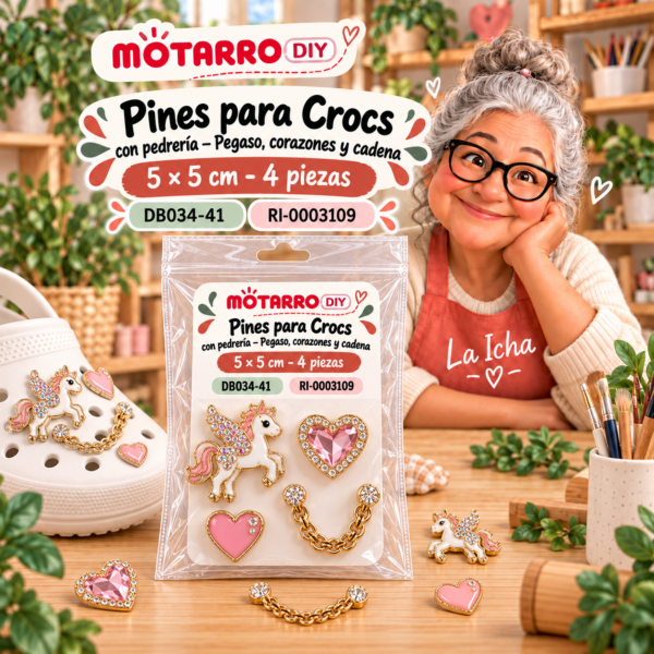 Pines para Crocs con pedrería – Pegaso, corazones y cadena – 5 × 5 cm – 4 piezas