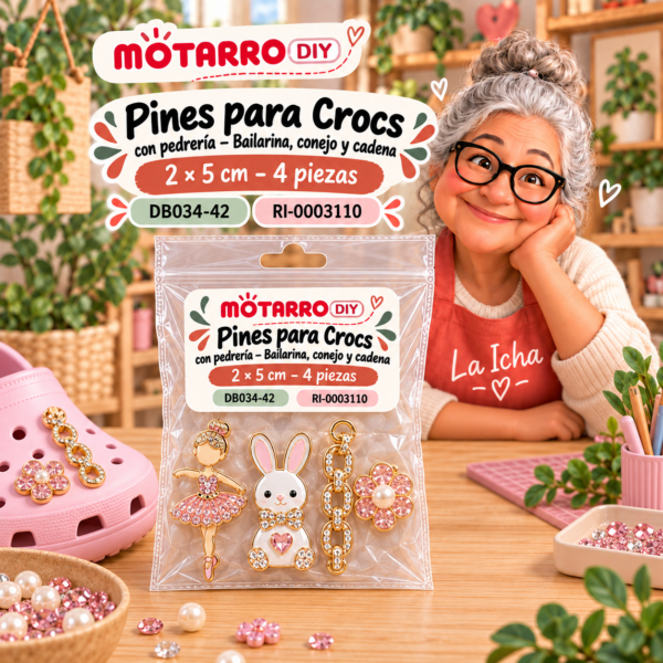 ri-0003110-db034-42 Pines para Crocs con pedrería – Bailarina, conejo y cadena – 2 × 5 cm – 4 piezas