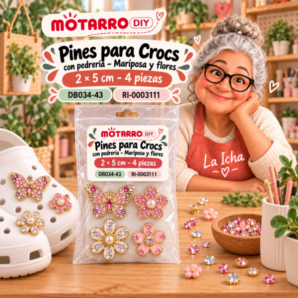 Pines para Crocs con pedrería – Mariposa y flores – 2 × 5 cm – 4 piezas