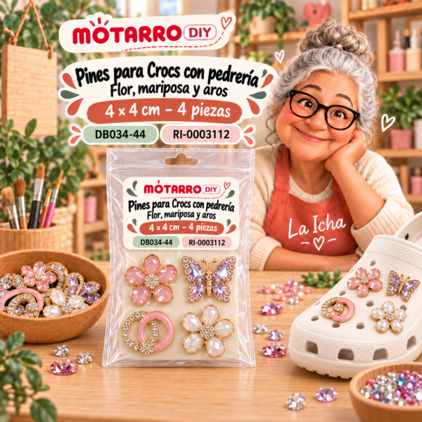 Pines para Crocs con pedrería – Flor, mariposa y aros – 4 × 4 cm – 4 piezas