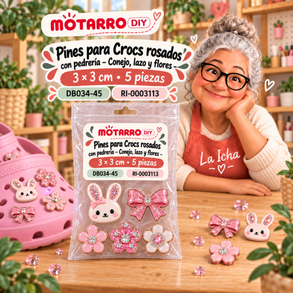 ri-0003113-db034-45 Pines para Crocs rosados con pedrería – Conejo, lazo y flores – 3 × 3 cm – 5 piezas
