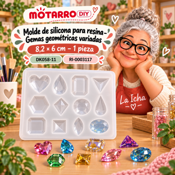 ri-0003117-dk058-11 Molde de silicona para resina – Gemas geométricas variadas – 8,2 × 6 cm – 1 pieza