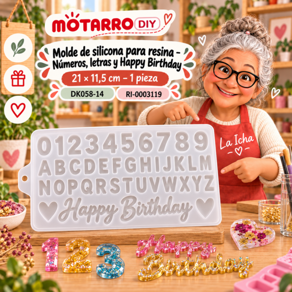 ri-0003119-dk058-14 Molde de silicona para resina – Números, letras y Happy Birthday – 21 × 11,5 cm – 1 pieza