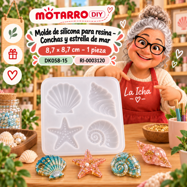 ri-0003120-dk058-15 Molde de silicona para resina – Conchas y estrella de mar – 8,7 × 8,7 cm – 1 pieza