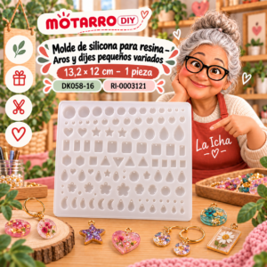 ri-0003121-dk058-16 Molde de silicona para resina – Aros y dijes pequeños variados – 13,2 × 12 cm – 1 pieza