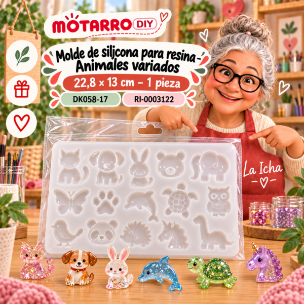 ri-0003122-dk058-17 Molde de silicona para resina – Animales variados – 22,8 × 13 cm – 1 pieza