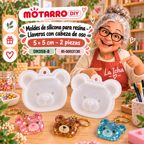 ri-0003130-dk058-8 Moldes de silicona para resina – Llaveros con cabeza de oso – 5 × 5 cm – 2 piezas