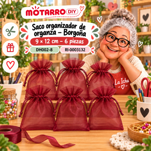 ri-0003132-dh002-8 Saco organizador de organza – Borgoña – 9 × 12 cm – 6 piezas