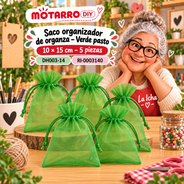 ri-0003140-dh003-14 Saco organizador de organza – Verde pasto – 10 × 15 cm – 5 piezas